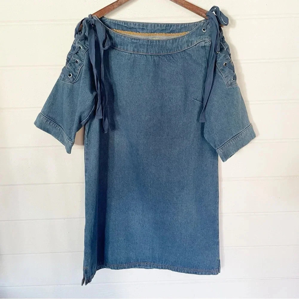 EUC Maeve Anthropologie Blue Denim Lace Up Shoulder Mini Shift Dress Size Small - Picture 5 of 13